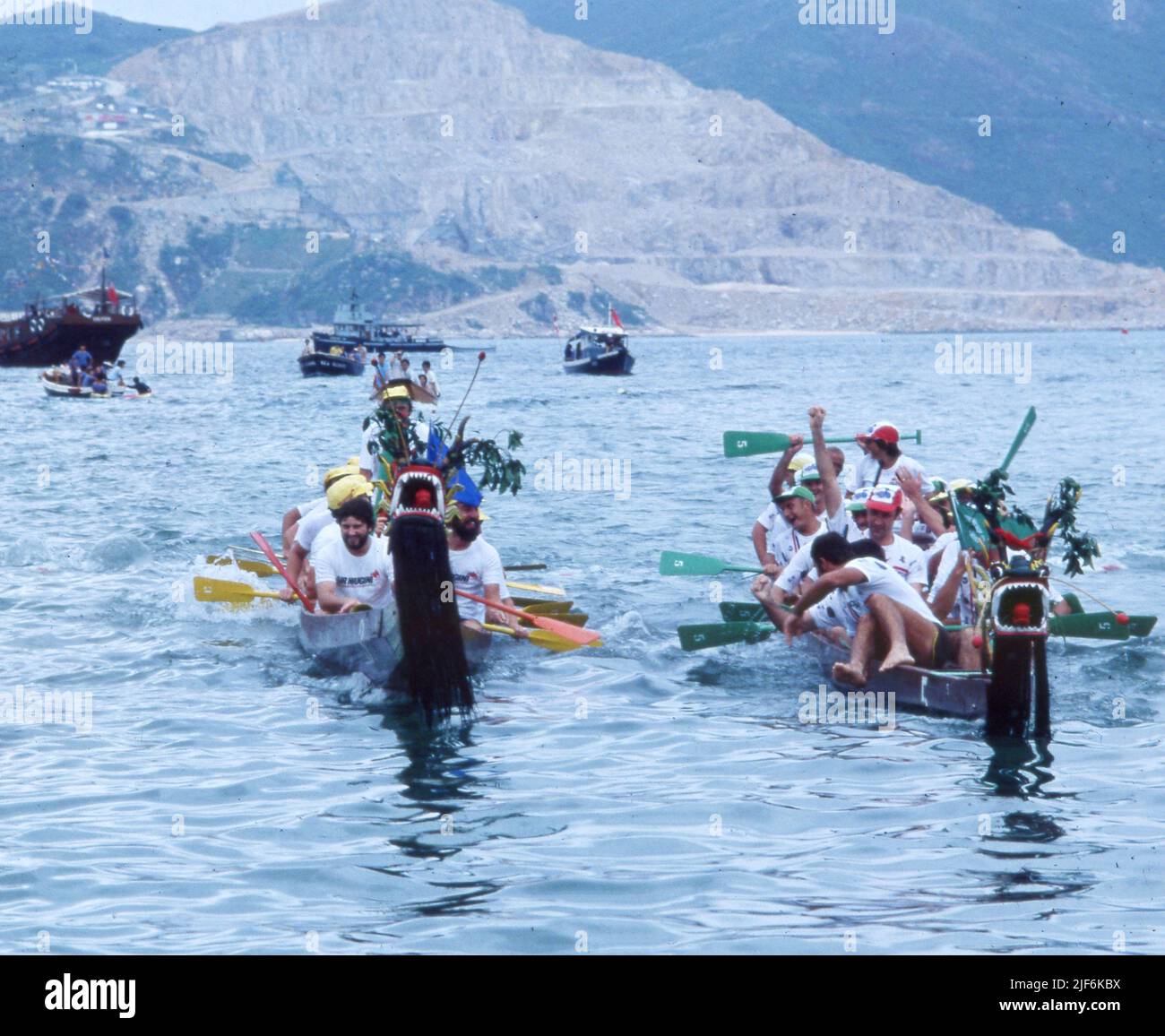 Dragon Boat Racing Hong Kong 1979 Action from Stanley Dragon Boat Races in November 1979  Photo by Tony Henshaw Archive Stock Photo