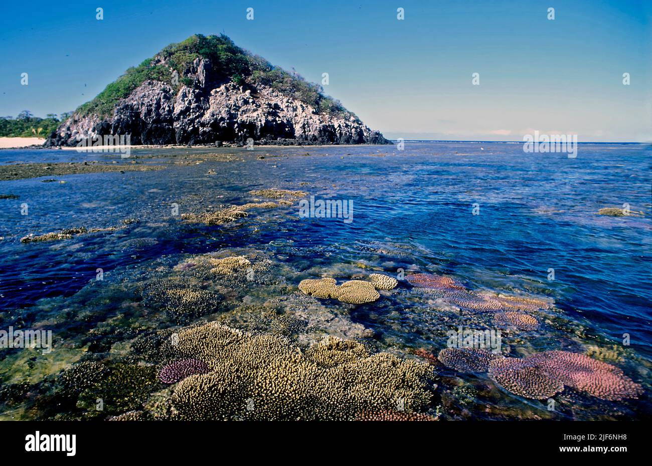 Bird's Island with a shallow fringing reef off the coast of northerbn Viti Levu, Fiji Stock Photo