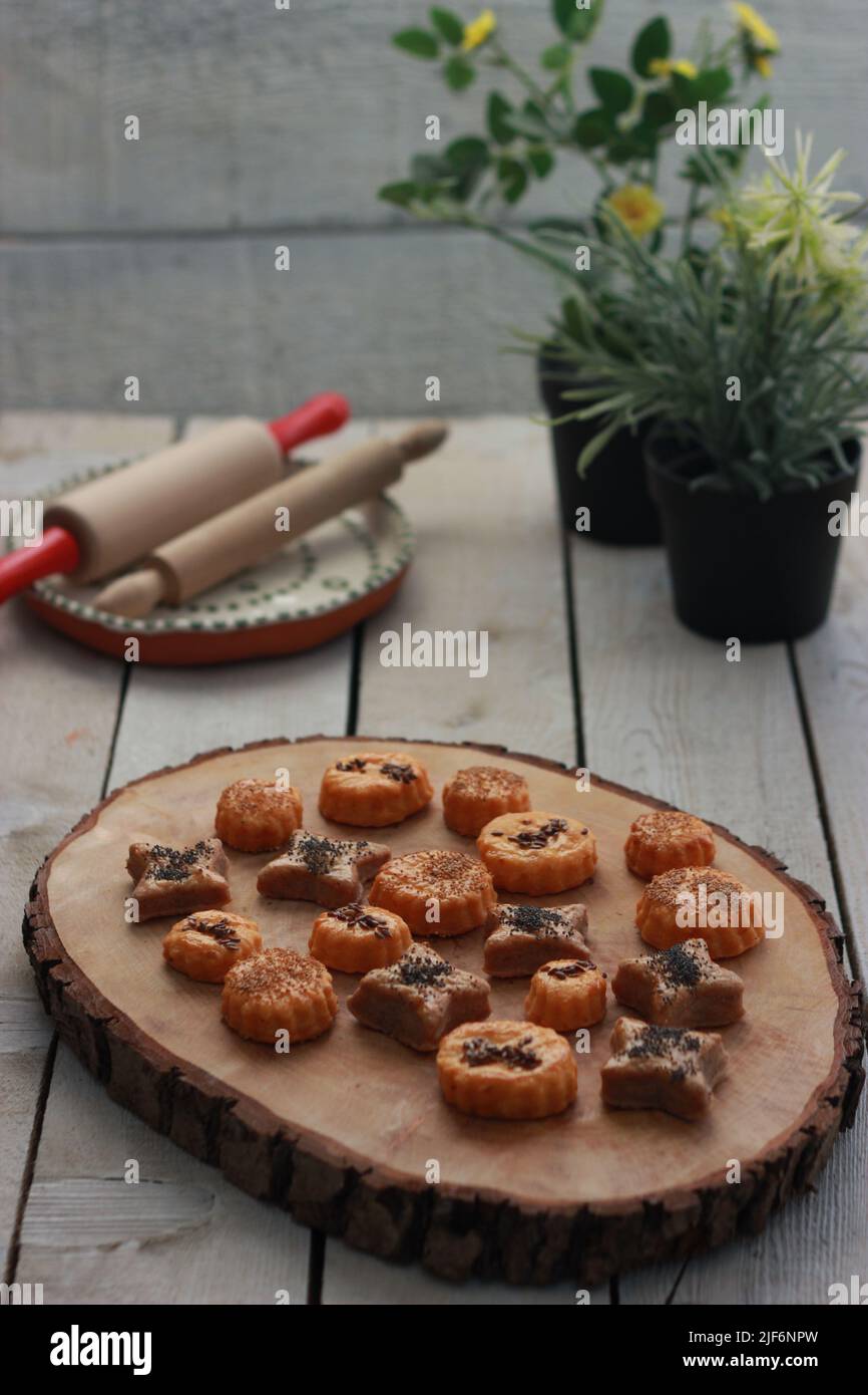 baked cookie presentation, flour cookie, food photography concept Stock Photo