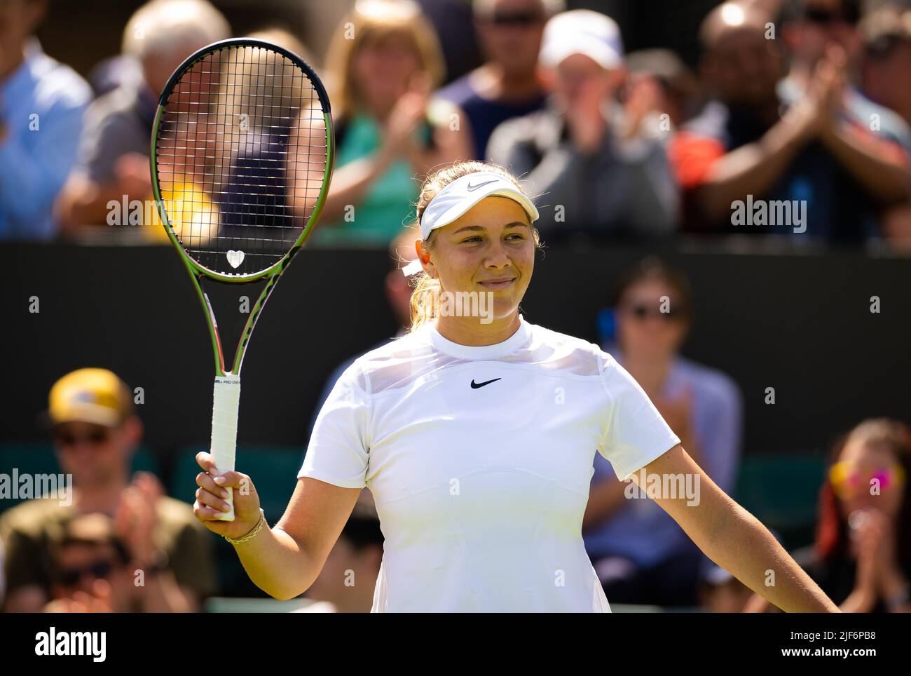Amanda Anisimova of the United States in action against Yue Yuan of China  during the first round of the 2022 Wimbledon Championships, Grand Slam  tennis tournament on June 28, 2022 at All