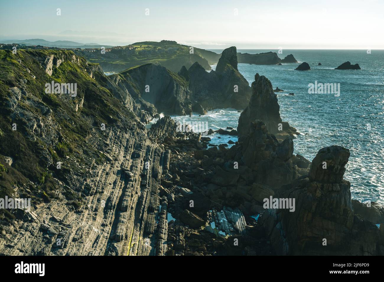 Beautiful landscape of cliffs from Costa Quebrada in the ocean at North of Spain Stock Photo