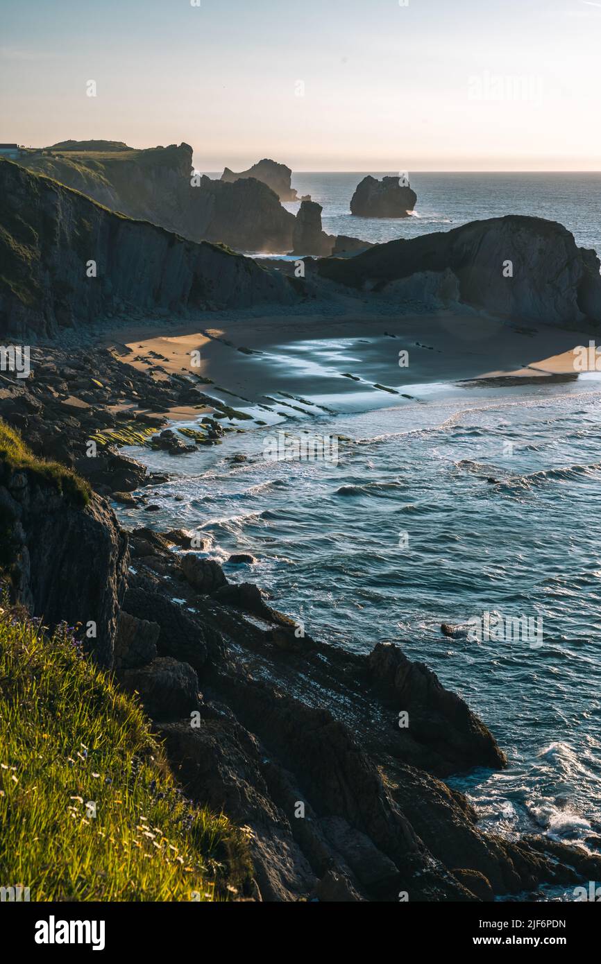 Beautiful landscape of cliffs from Costa Quebrada in the ocean at North of Spain Stock Photo