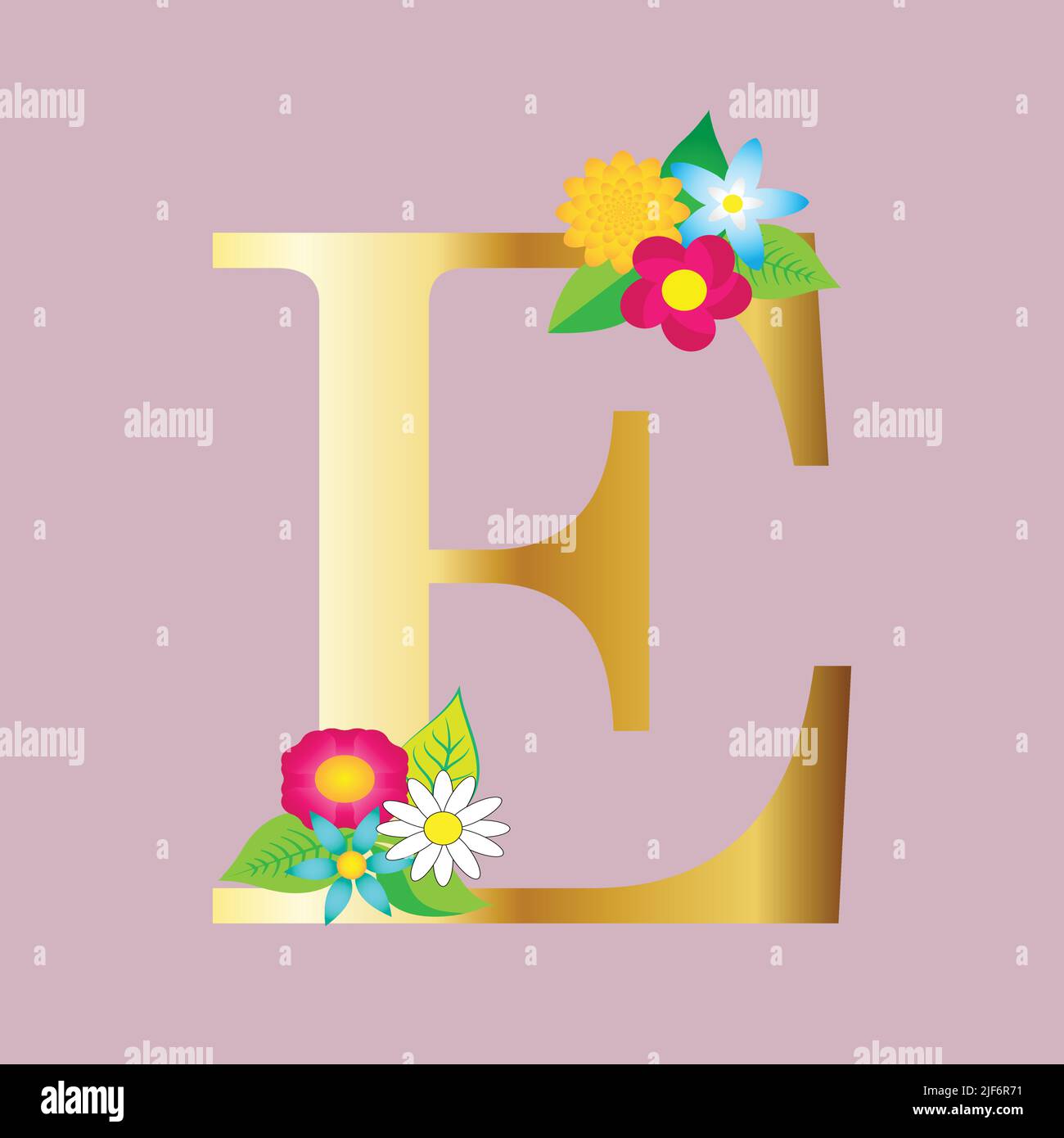 Floral alphabet with flowers and gold glitter composition. botanic ...