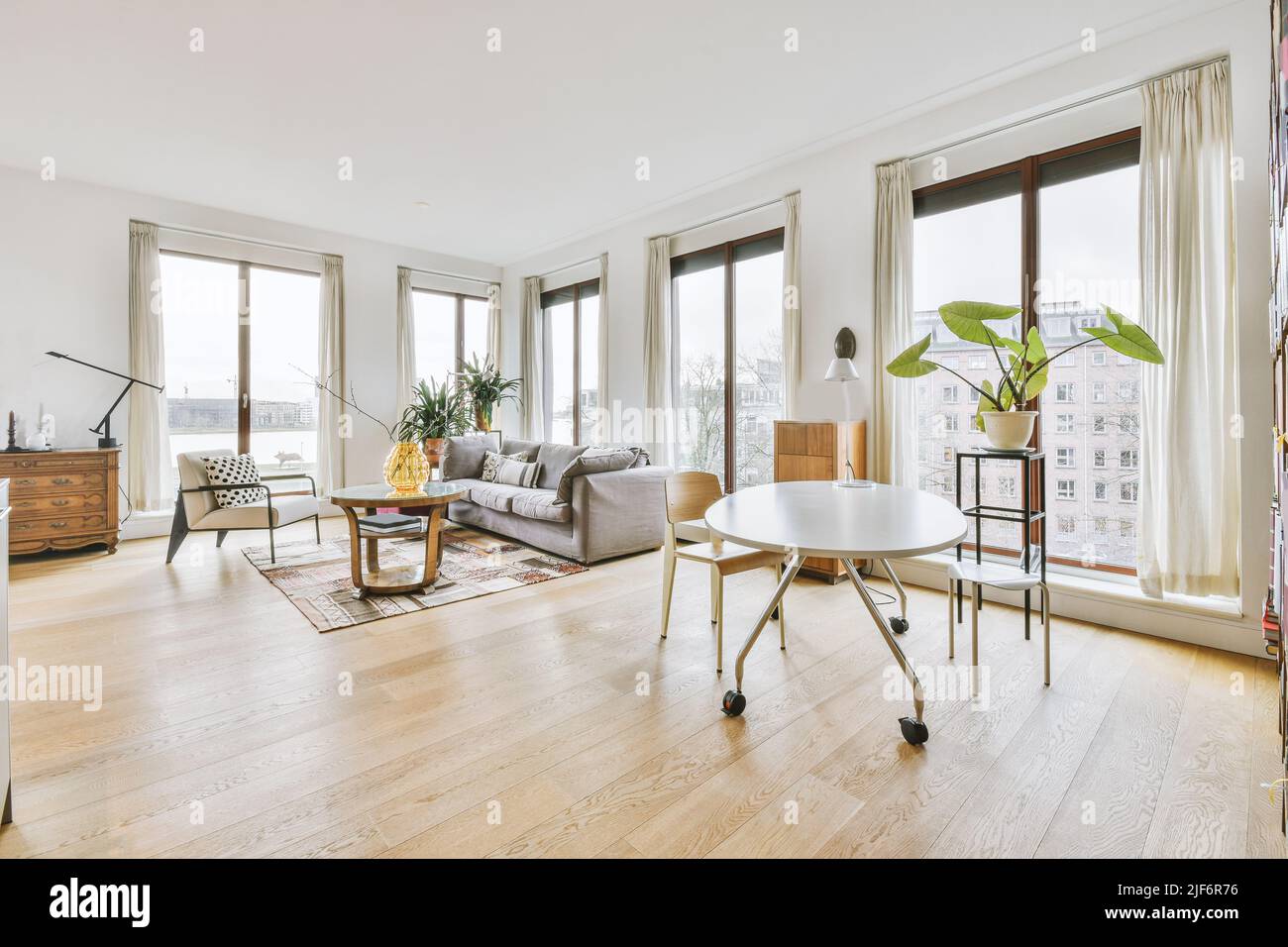 Contemporary minimalist style furniture and decorations located near