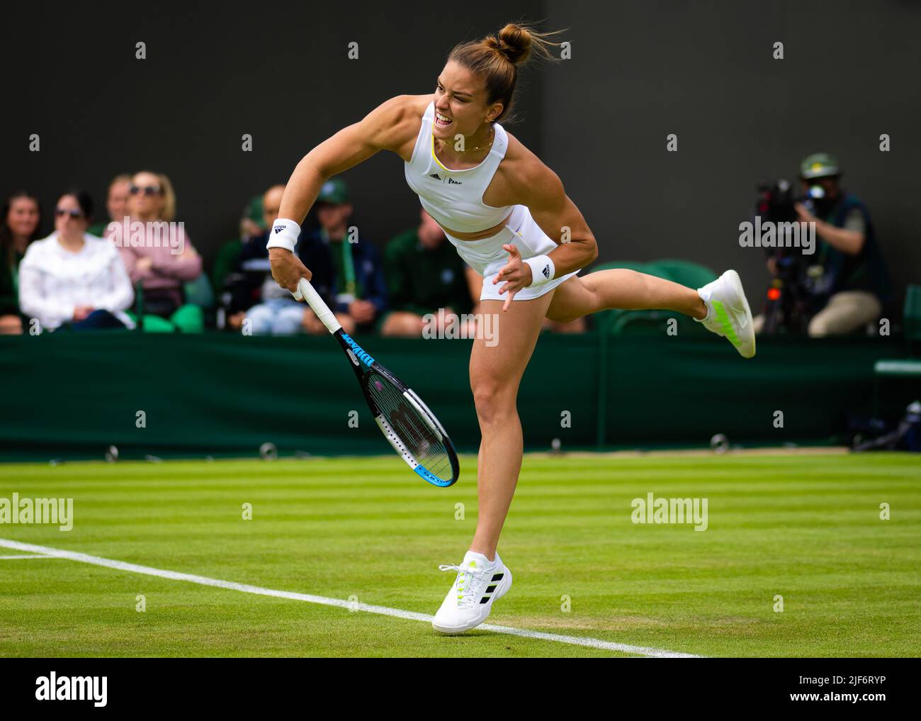 Maria Sakkari of Greece in action against Zoe Hives of Australia during the  first round of the 2022 Wimbledon Championships, Grand Slam tennis  tournament on June 28, 2022 at All England Lawn