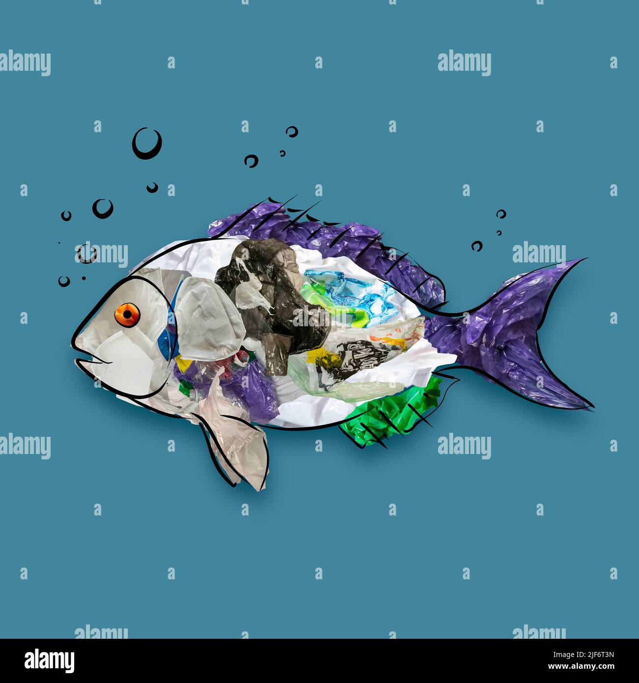 Contemporary conceptual art collage with drawn fish filled with garbage ...