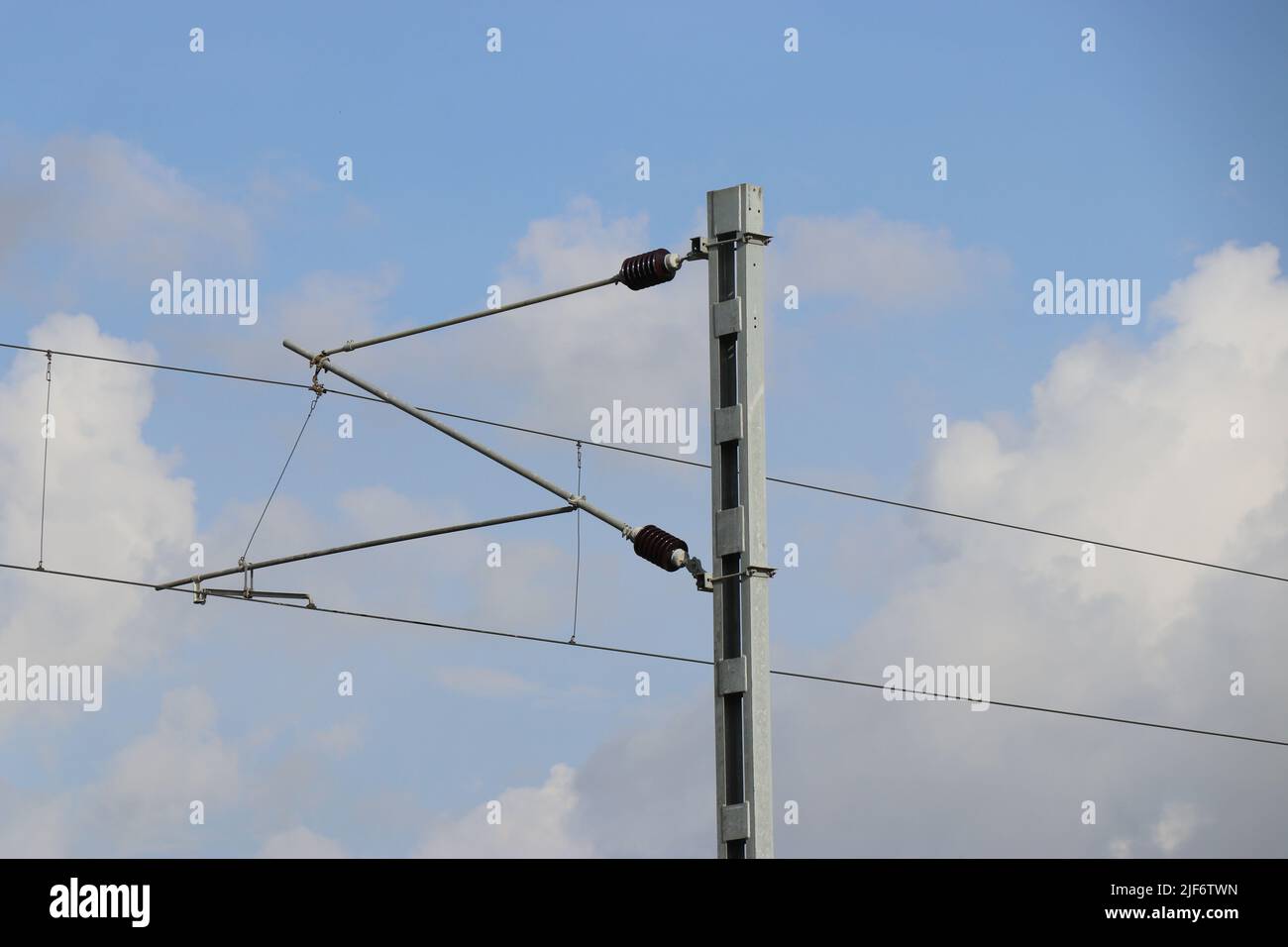 Electric wiring of trains with sky background on daylight Stock Photo
