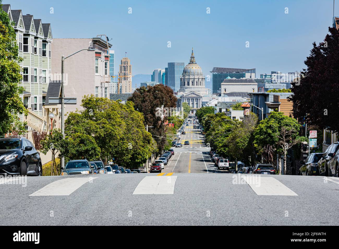 San Francisco,California,USA - April 10, 2022 : Civic Center view from Alamo Square Stock Photo