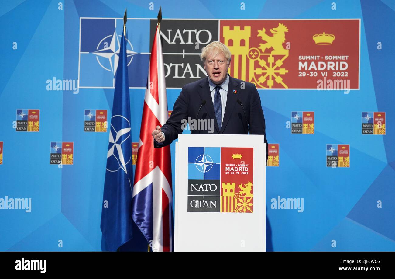 Prime Minister Boris Johnson during a press conference at the Nato summit in Madrid, Spain. Picture date: Thursday June 30, 2022. Stock Photo