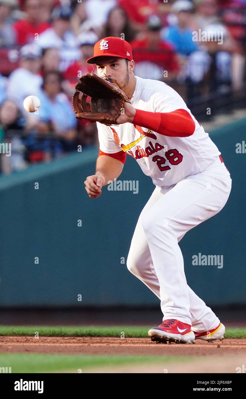 St. Louis, United States. 30th June, 2022. St. Louis Cardinals Nolan Arenado keeps his eye on a baseball off the bat of Miami Marlins Jacob Stallings in the third inning at Busch Stadium in St. Louis on Wednesday, June 29, 2022. Photo by Bill Greenblatt/UPI Credit: UPI/Alamy Live News Stock Photo