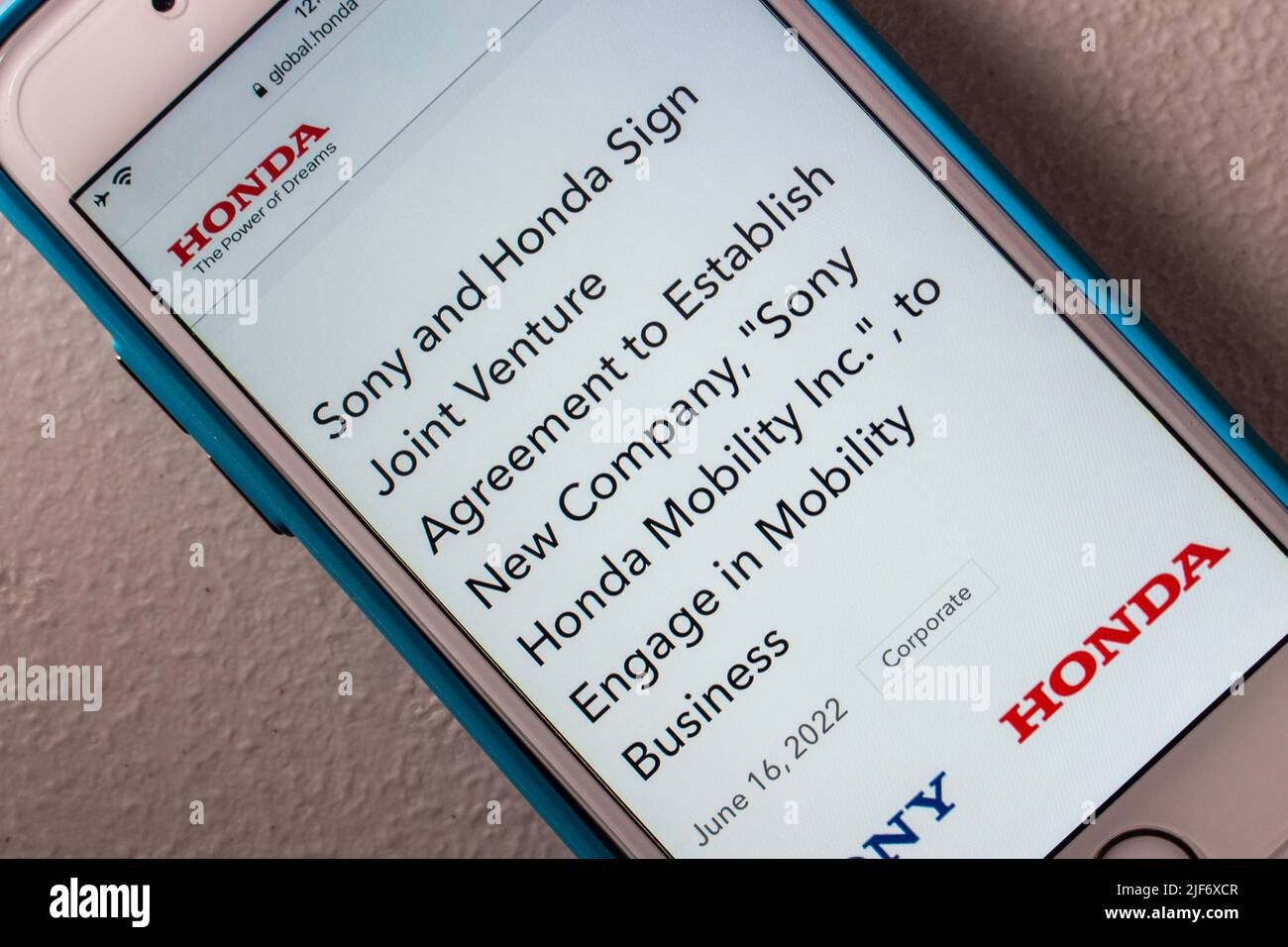Announcement of Sony & Honda formed new company “Sony Honda Mobility Inc.” with plans to start EV and mobility services, from Honda’s release page Stock Photo