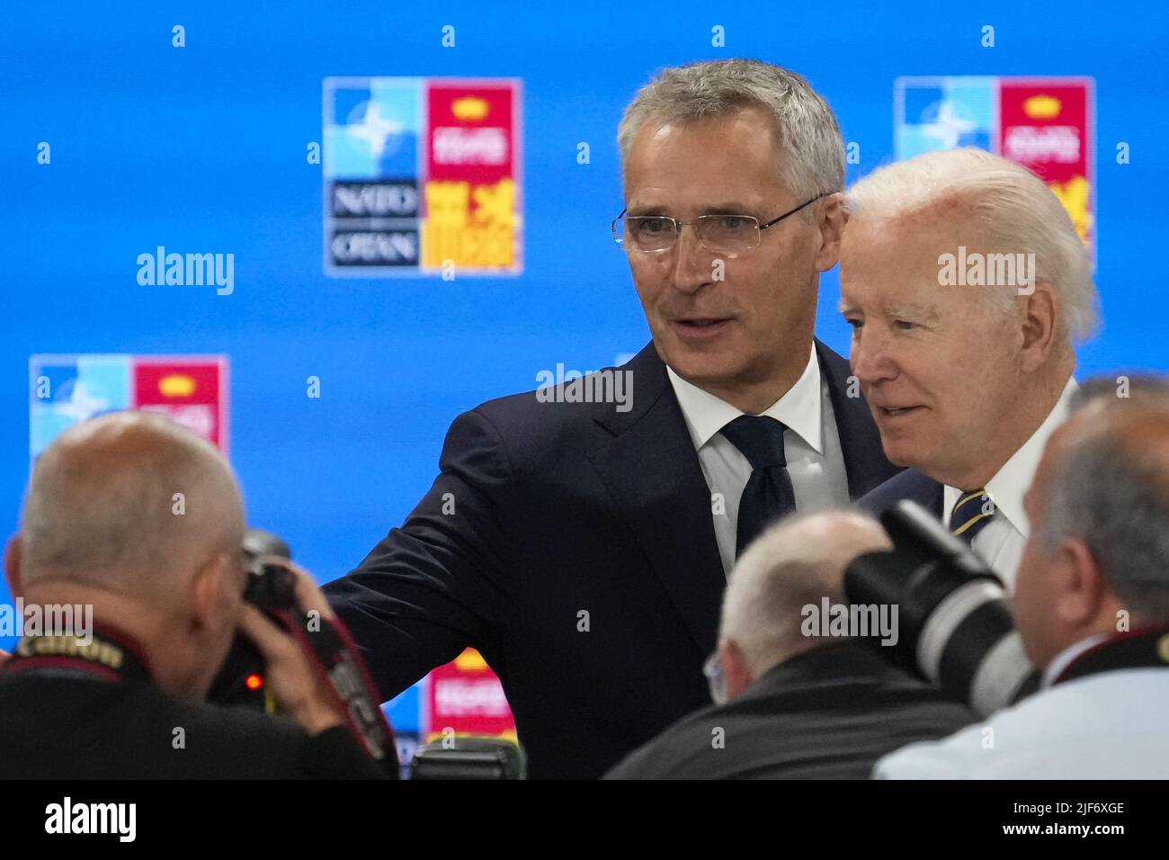 Madrid, Spain. 30th June, 2022. President Joe Biden and NATO Secretary General Jens Stoltenberg attend a NATO heads of state and governments meeting on the final day of a NATO summit in Madrid, Spain, Thursday, June 30, 2022. Photo by Paul Hanna/UPI Credit: UPI/Alamy Live News Stock Photo