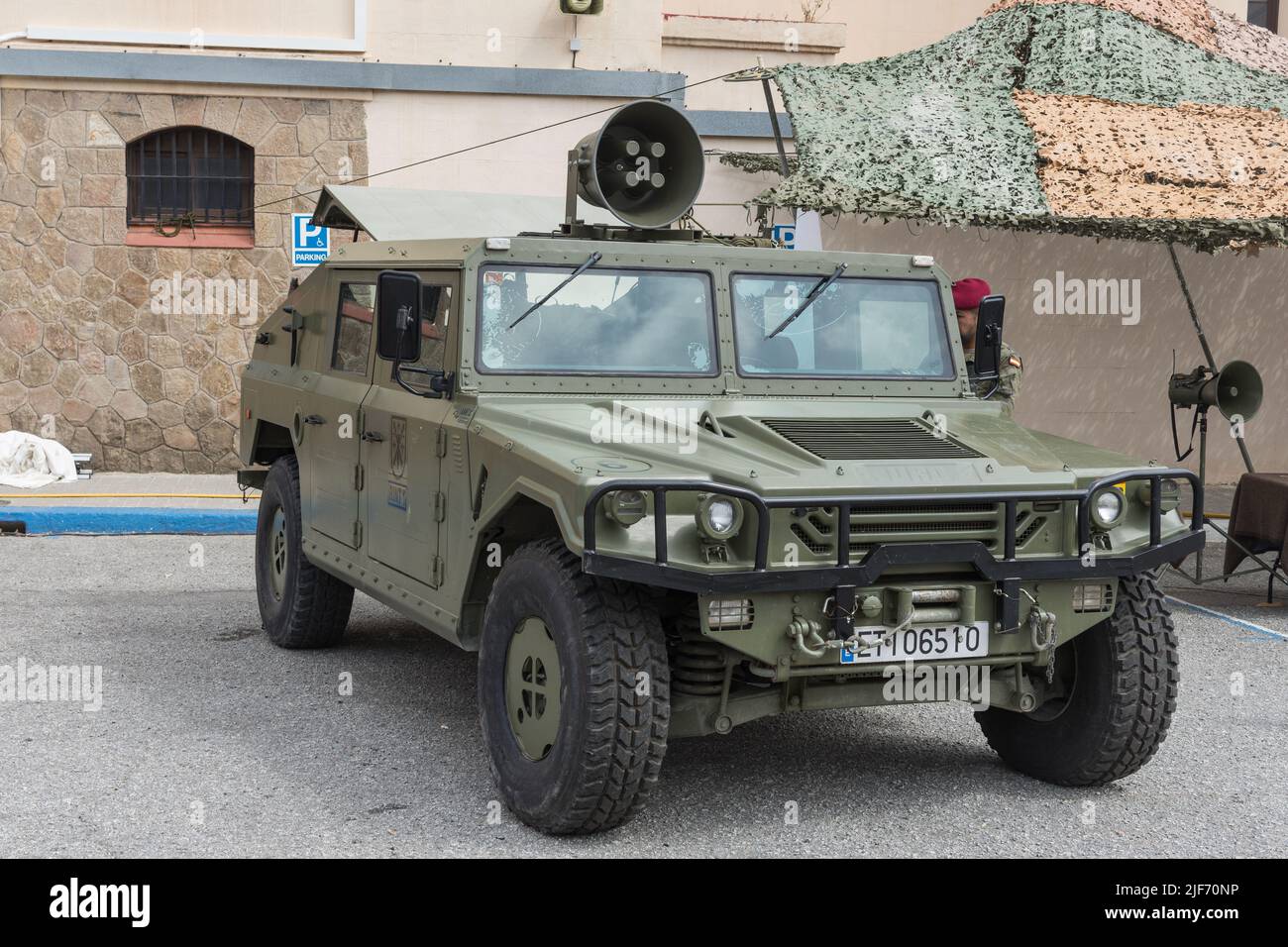 Green 4x4 suv of spanish army forces in the cuartel. Uro Vamtac Stock Photo