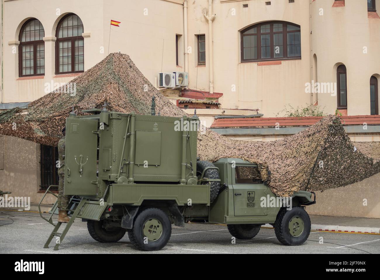 Green 4x4 suv of spanish army forces in the cuartel. Uro Vamtac Stock Photo