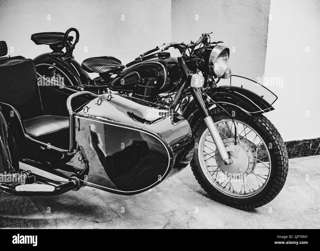 Classic sidecar motor bike restored. Ural Stock Photo