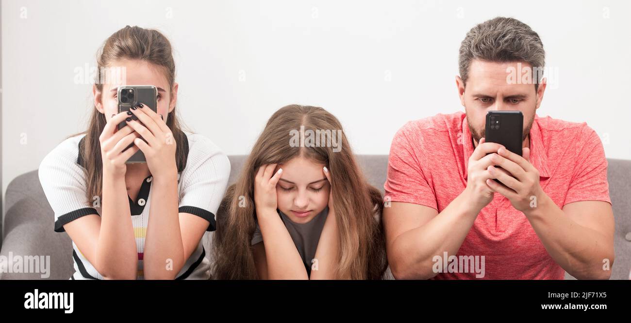 Banner pf phone addicted dad mom and daughter girl. kid with phone ...