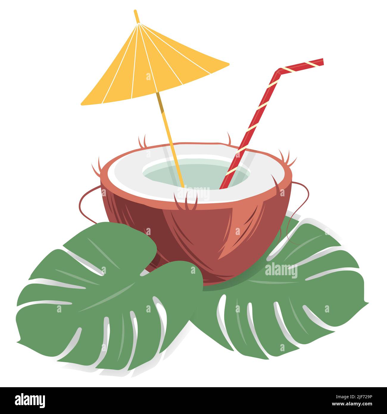 Cocktail in a coconut shell with an umbrella and straw in trendy hues with exotic monstera leaves. Useful for flyers, flyers, print and patterns. Isolate. Stock Vector
