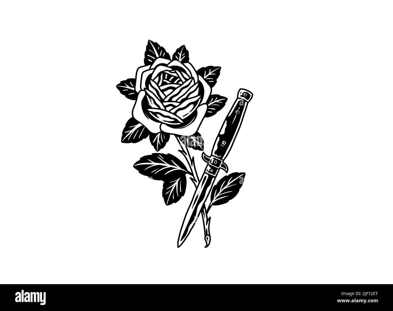 Old school tattoo style graphic design drawing rose and sword knife Stock Photo