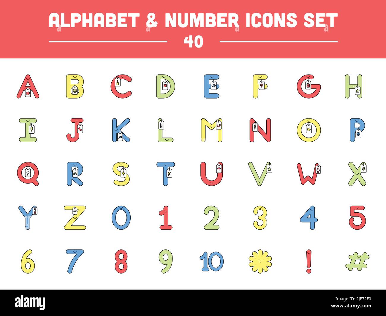 Cartoon Funny Alphabet With Words Tag And Numeric Letter Character Set. Stock Vector