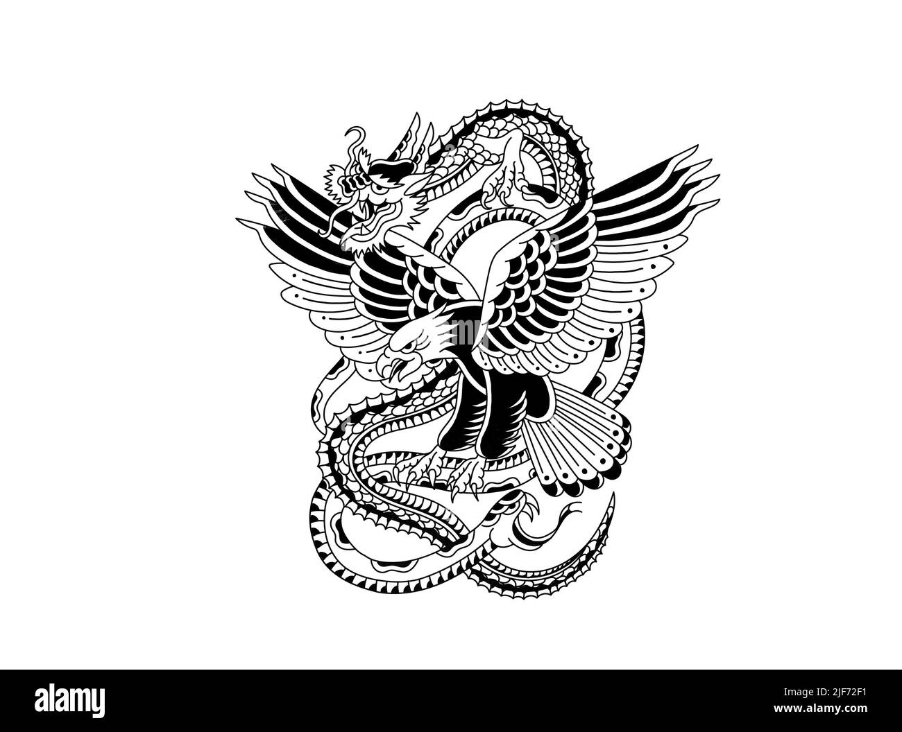 Old school tattoo style graphic design drawing battle snake eagle dragon Stock Photo