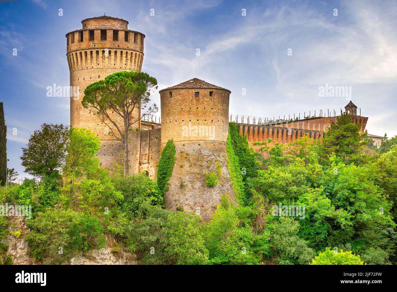 Brisighella, Ravenna, Emilia-Romagna, Italy, Ravenna, Emilia-Romagna, Italy. Beautiful panoramic aerial view of the medieval city and Manfredian fortr Stock Photo