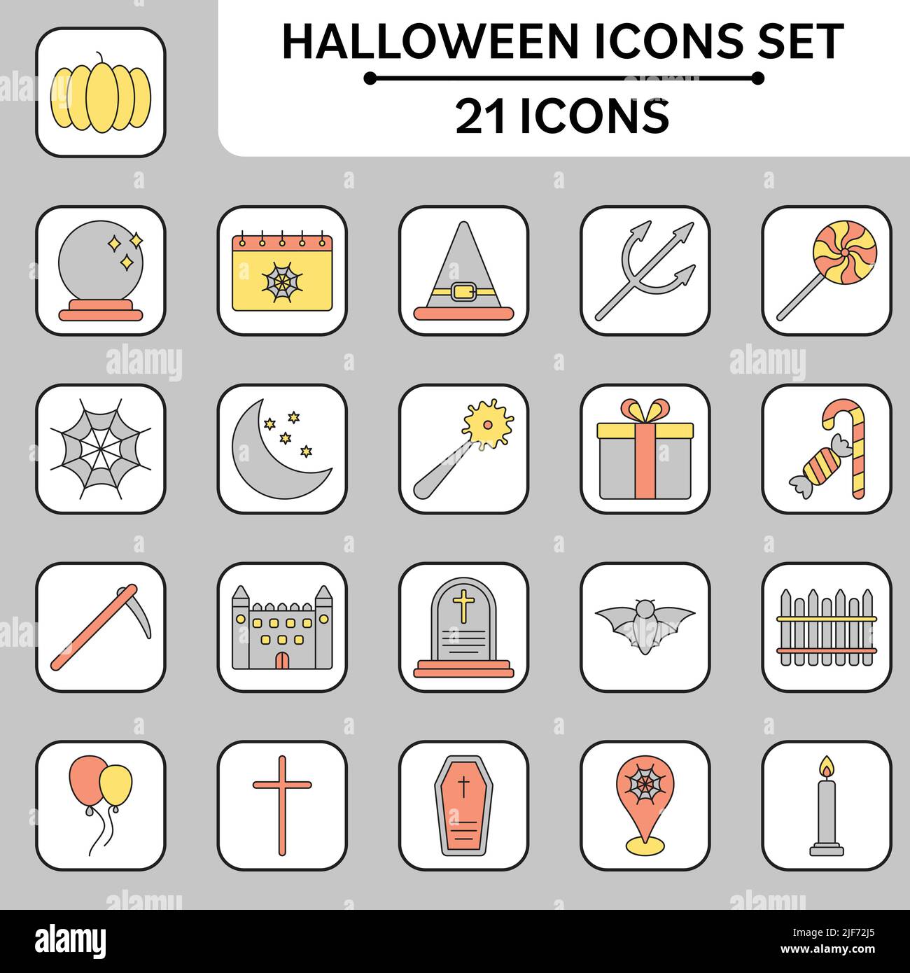 Grey And Yellow Illustration Of Halloween Celebration Sqaure Icon Set. Stock Vector