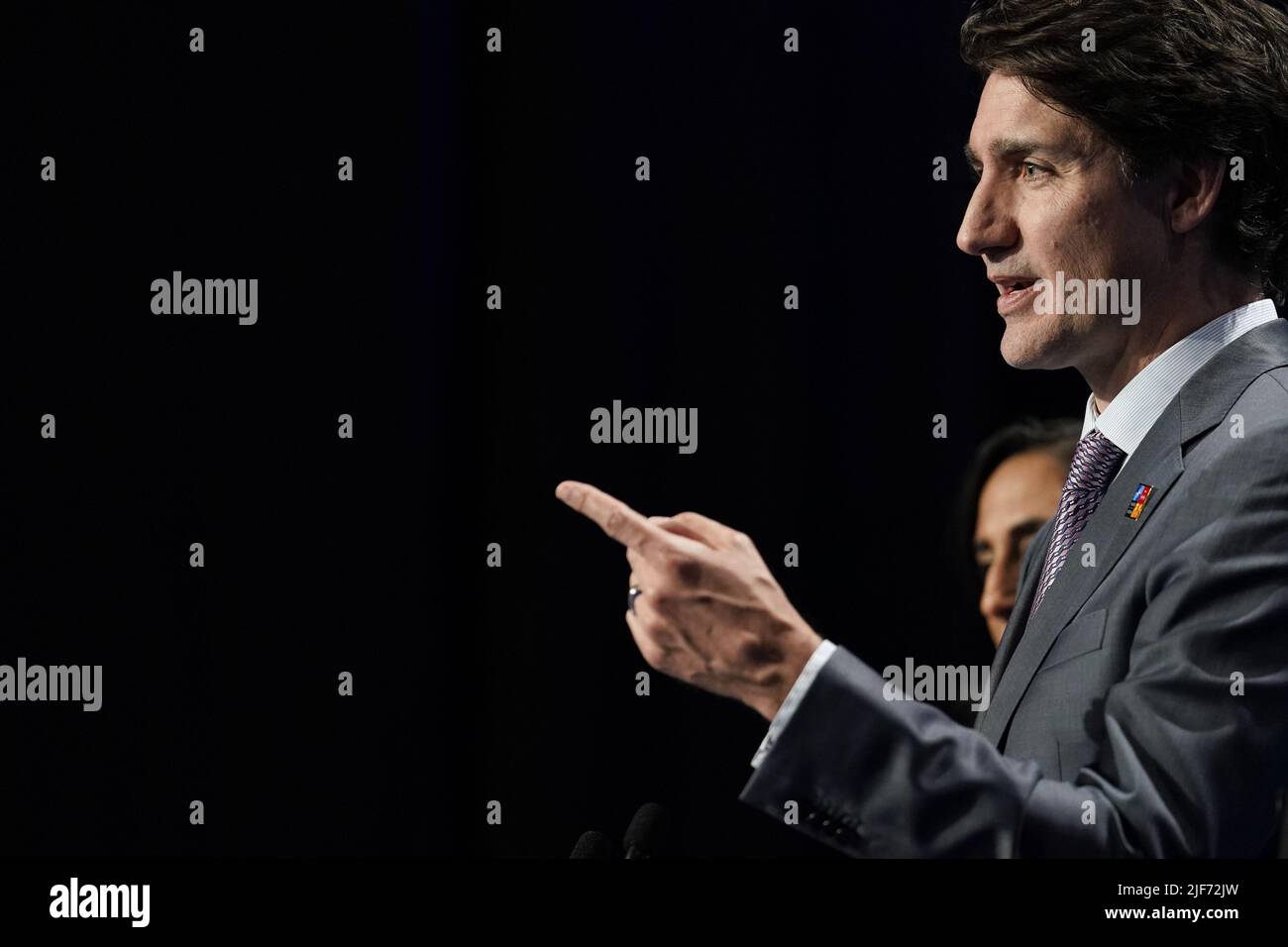 Madrid, Spain. 30th June, 2022. Canada's Prime Minister Justin Trudeau gives a news conference on the final day of a NATO summit in Madrid, Spain, Thursday, June 30, 2022. Photo by Paul Hanna/UPI Credit: UPI/Alamy Live News Stock Photo