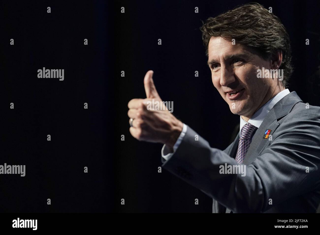 Madrid, Spain. 30th June, 2022. Canada's Prime Minister Justin Trudeau gives a news conference on the final day of a NATO summit in Madrid, Spain, Thursday, June 30, 2022. Photo by Paul Hanna/UPI Credit: UPI/Alamy Live News Stock Photo