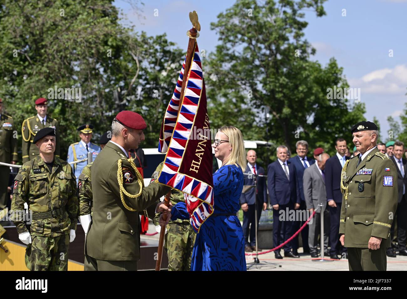 Prague, Czech Republic. 30th June, 2022. On the occasion of Armed Forces Day the Chief of Staff Ales Opata (not seen) passes the post to Brigadier General Karel Rehka (second from left) at Vitkov National Memorial, Prague, Czech Republic, on June 30, 2022. The second from right is Defence Minister Jana Cernochova. Credit: Roman Vondrous/CTK Photo/Alamy Live News Stock Photo