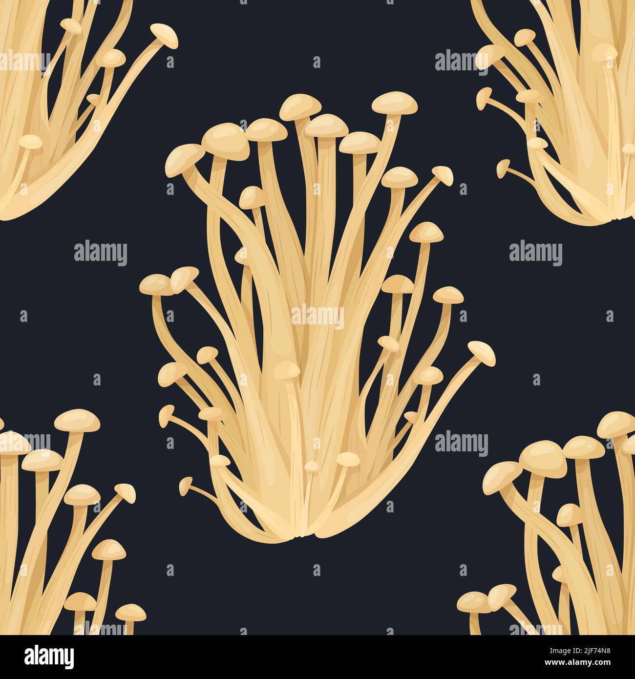 Vector Seamless Pattern with Enoki Mushroom on Black. Seamless Texture
