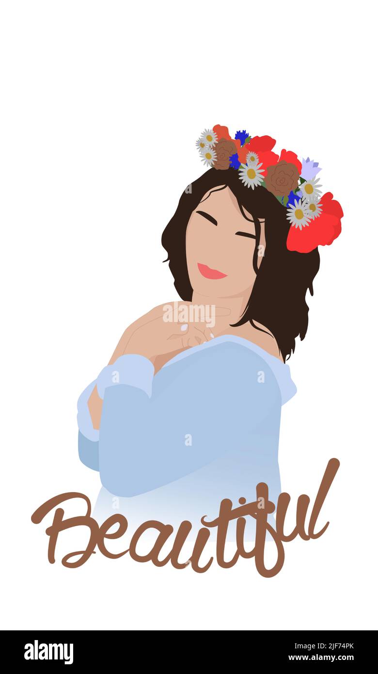 Beautiful female with long hair and with a wreath of flowers on her ...
