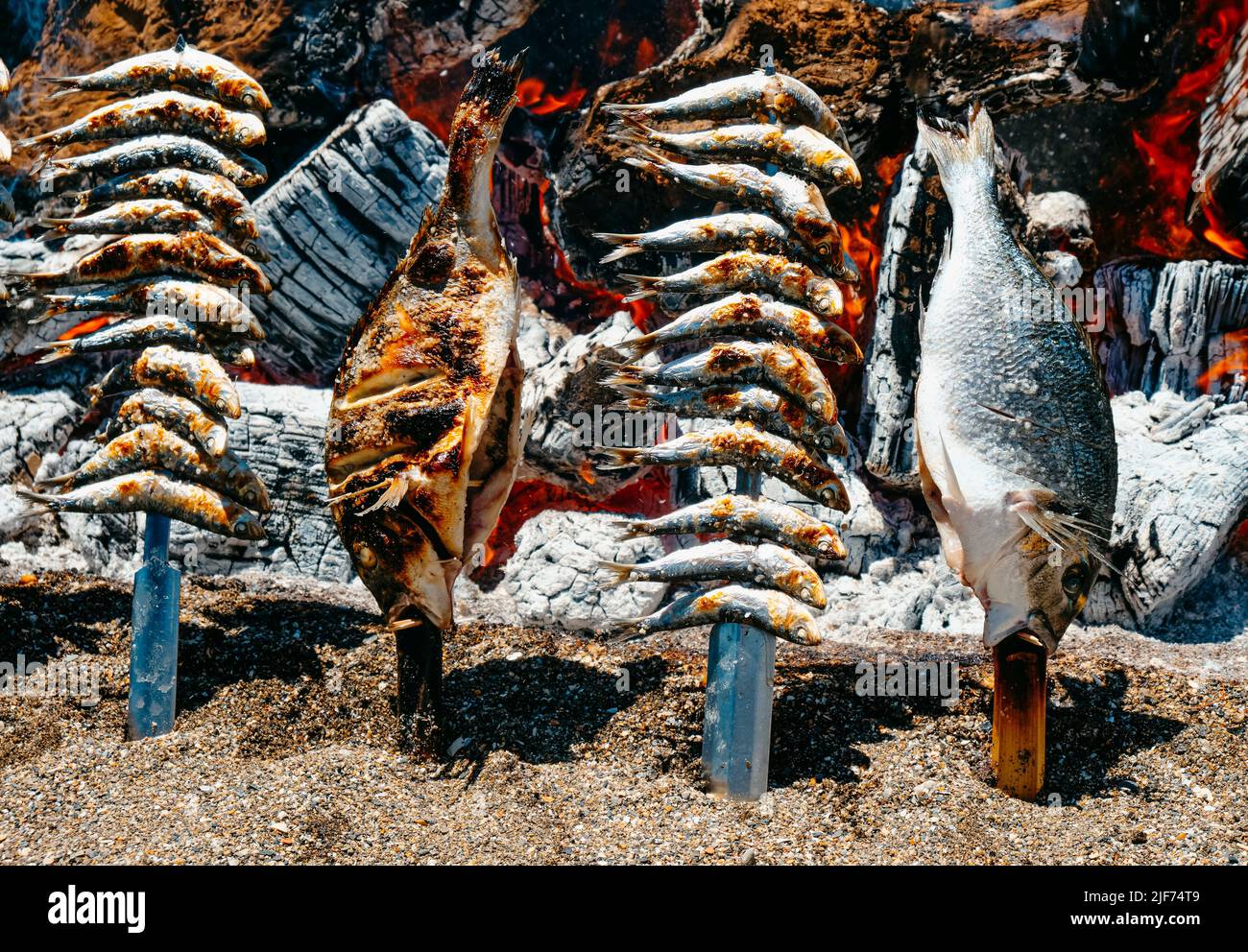 some different espetos, skewers where fish is skewered, being cooked over a wood fire as its traditional in the Malagueta beach in Malaga, Spain Stock Photo