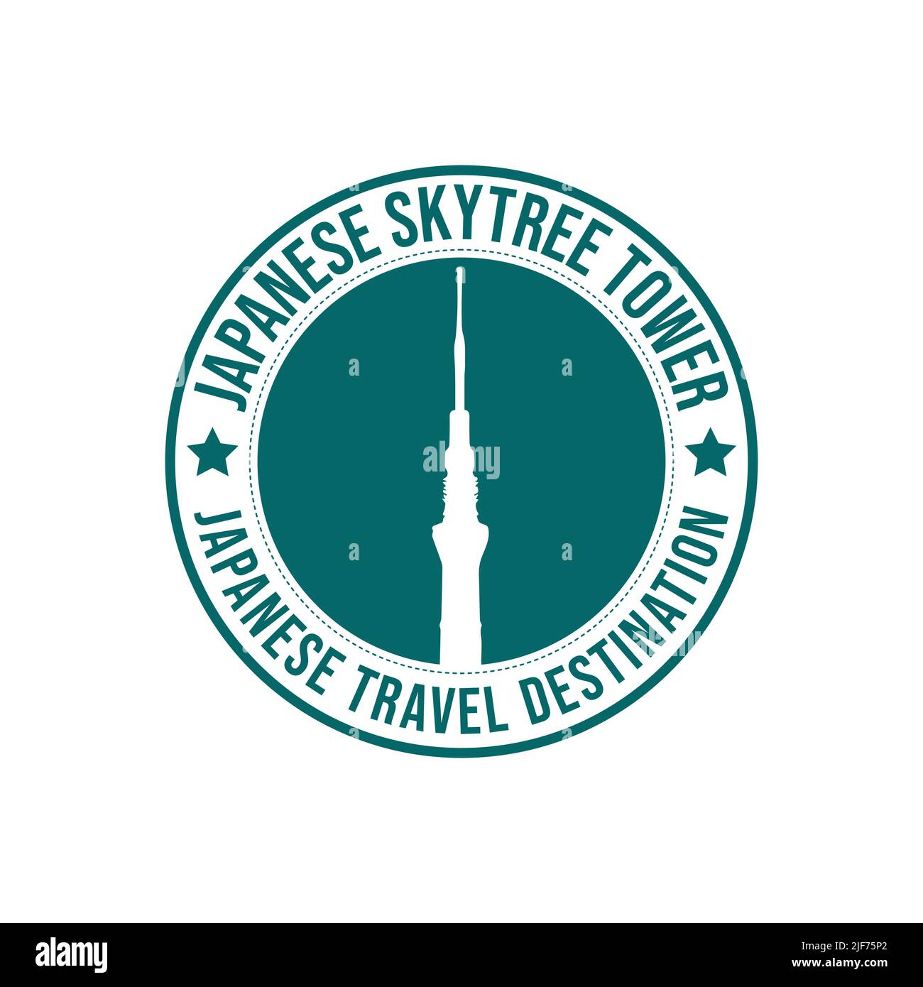 Circle rubber stamp with the Japanese skytree tower travel destination written inside the stamp. Japanese modern tower architecture. Japanese travel d Stock Vector