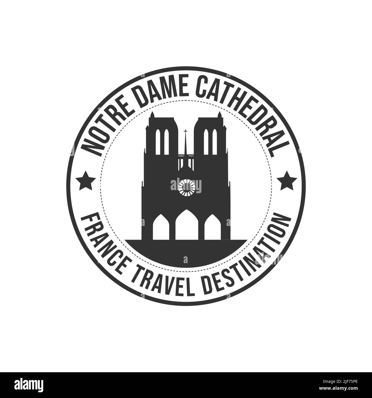 Badge rubber stamp with the text Notre dame cathedral travel destination written inside the stamp. Time to travel. France historical architecture trav Stock Vector