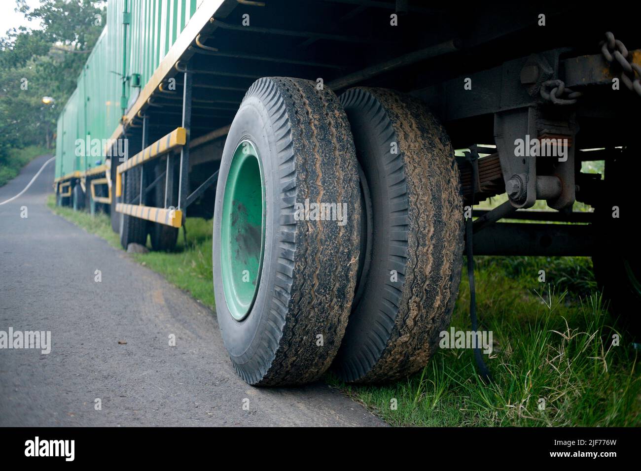 Truck wheel rim on the side road Stock Photo