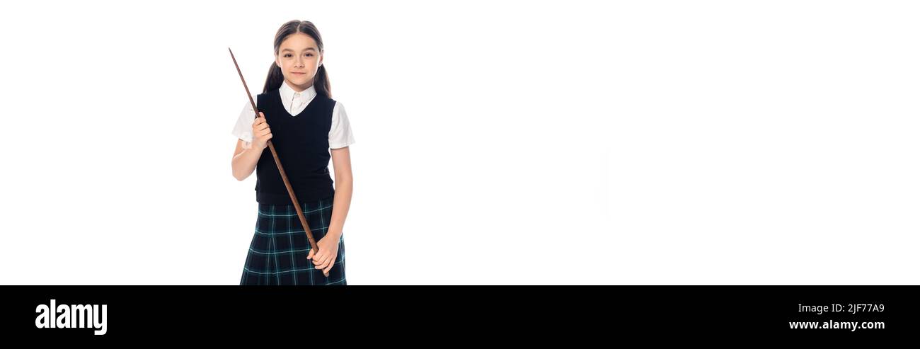 Schoolchild holding pointer isolated on white, banner Stock Photo