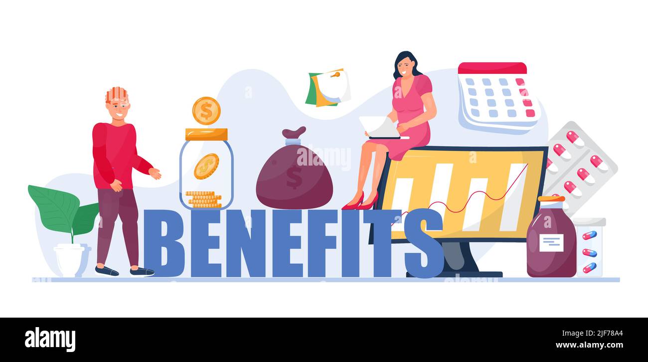 Benefits for worker, buyer. Employee, teamwork benefits package vector