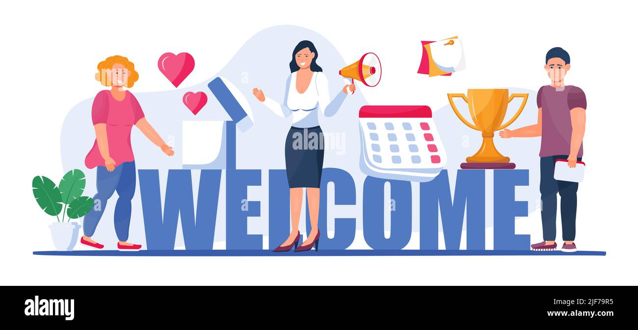 Welcome concept flat vector for app, website. Cartoon office teamwork and are greeting clients in online office, shop, co-working. Happy tiny people a Stock Vector