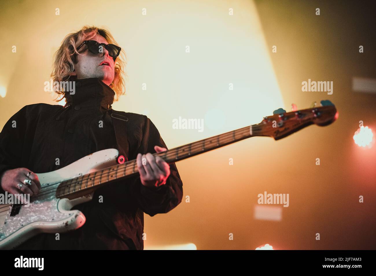 Roskilde, Denmark. 29th June, 2022. The Irish post-punk band Fontaines D.C. performs a live concert during the Danish music festival Roskilde Festival 2022 in Roskilde. Here bass player Conor Deegan III is seen live on stage. (Photo Credit: Gonzales Photo/Alamy Live News Stock Photo