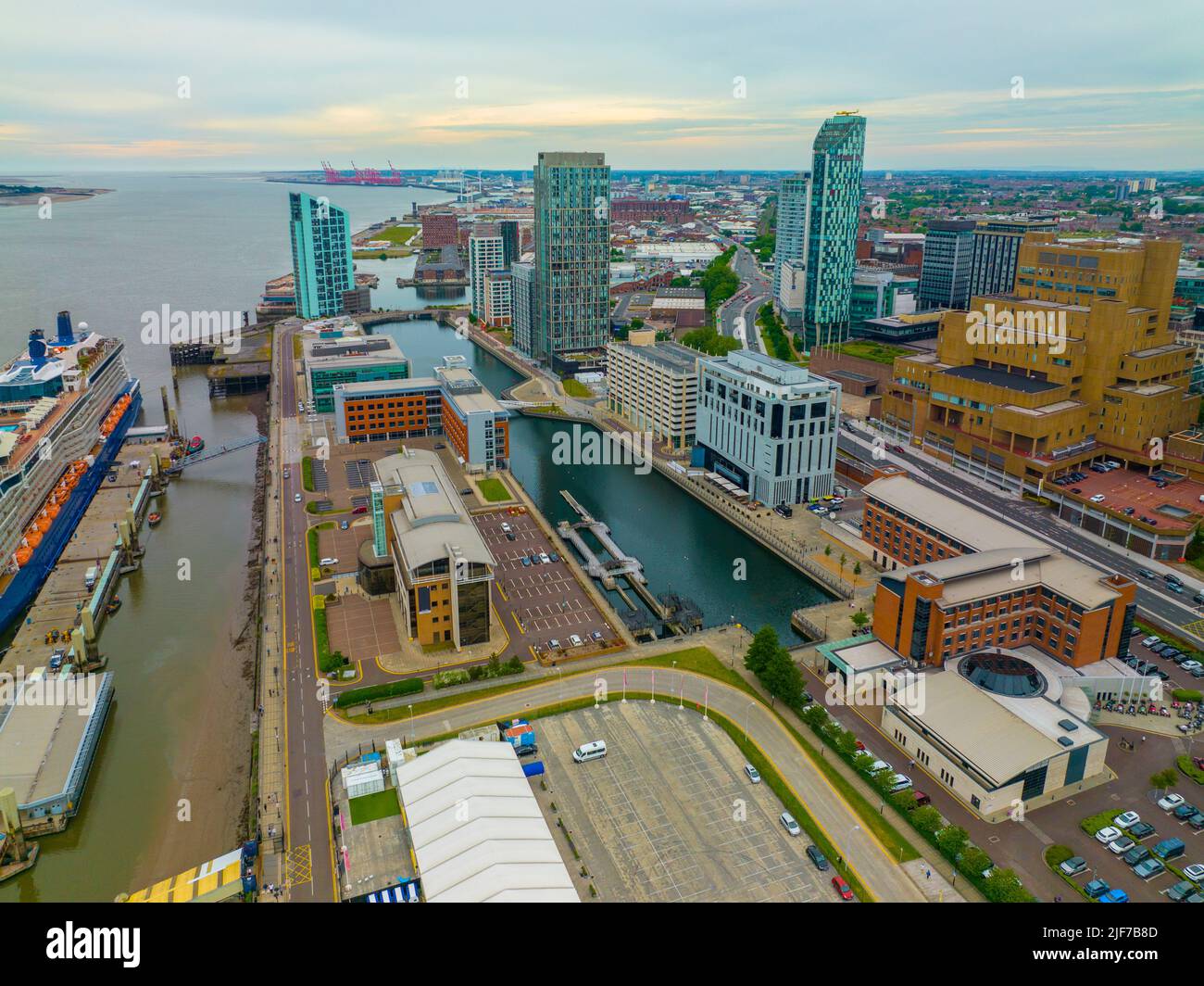 Aerial view of New Quay Road with Liverpool modern skyline at the