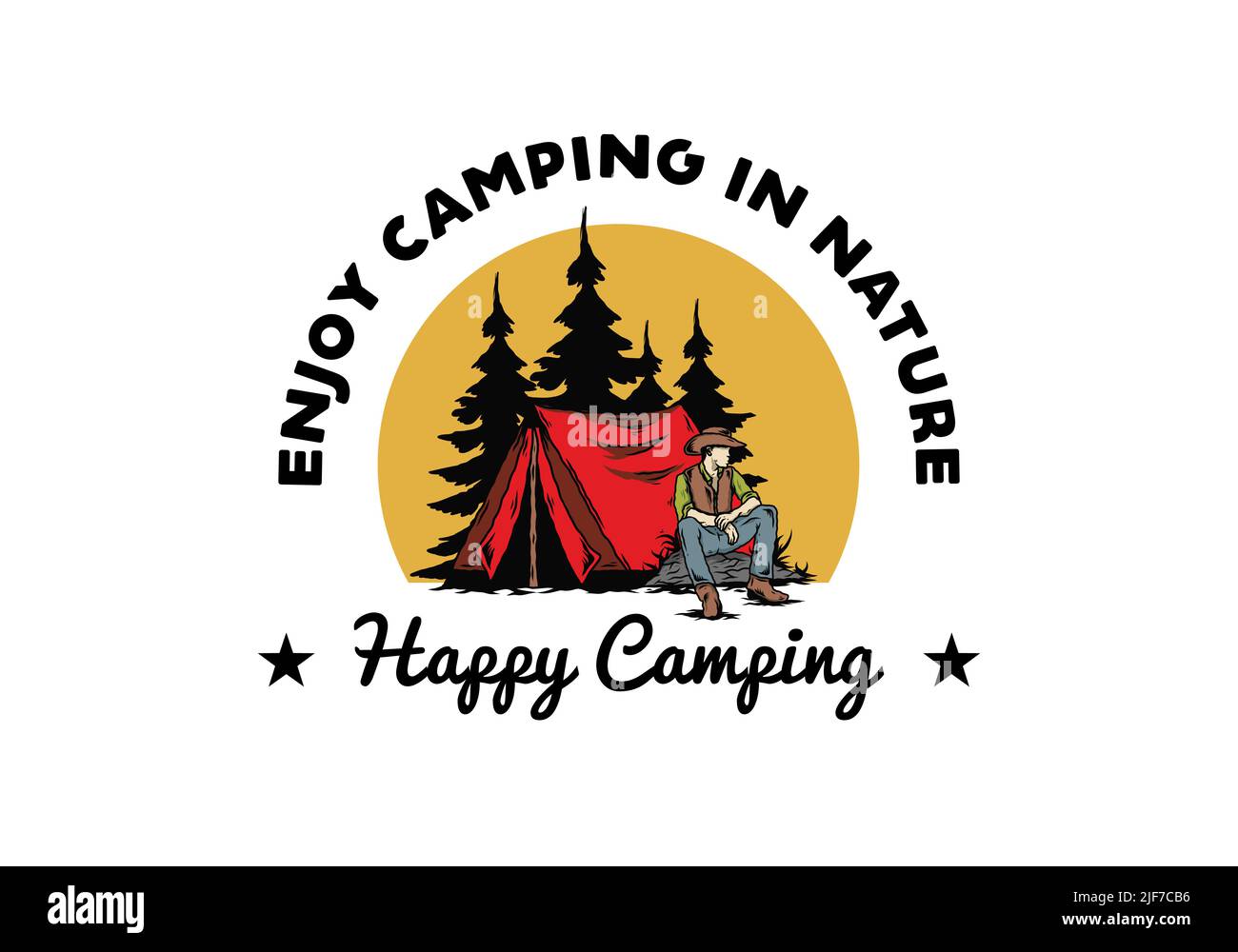 Illustration design of a Man wearing a cowboy hat sitting in front of the tent Stock Vector