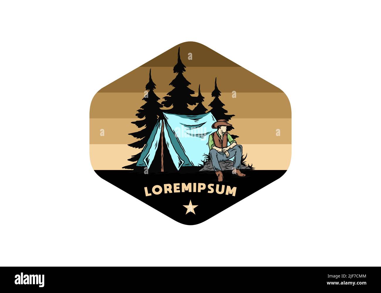 Illustration design of a Man wearing a cowboy hat sitting in front of the tent Stock Vector
