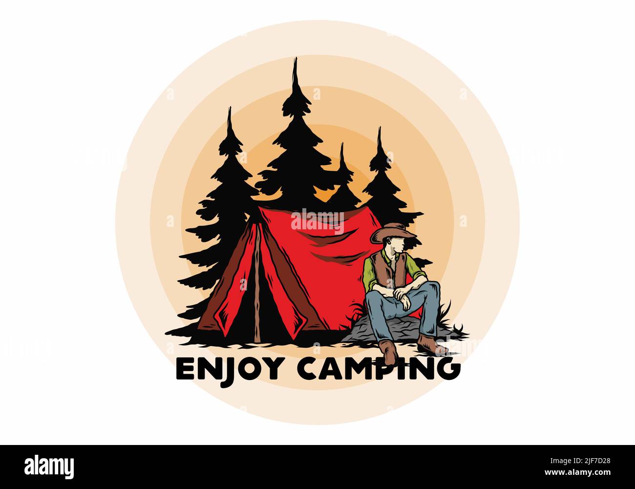 Illustration design of a Man wearing a cowboy hat sitting in front of the tent Stock Vector