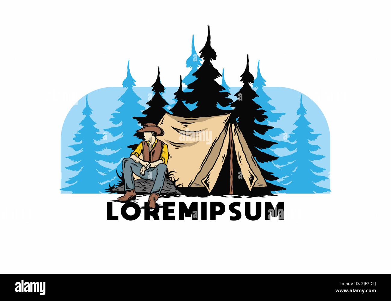 Illustration design of a Man wearing a cowboy hat sitting in front of the tent Stock Vector