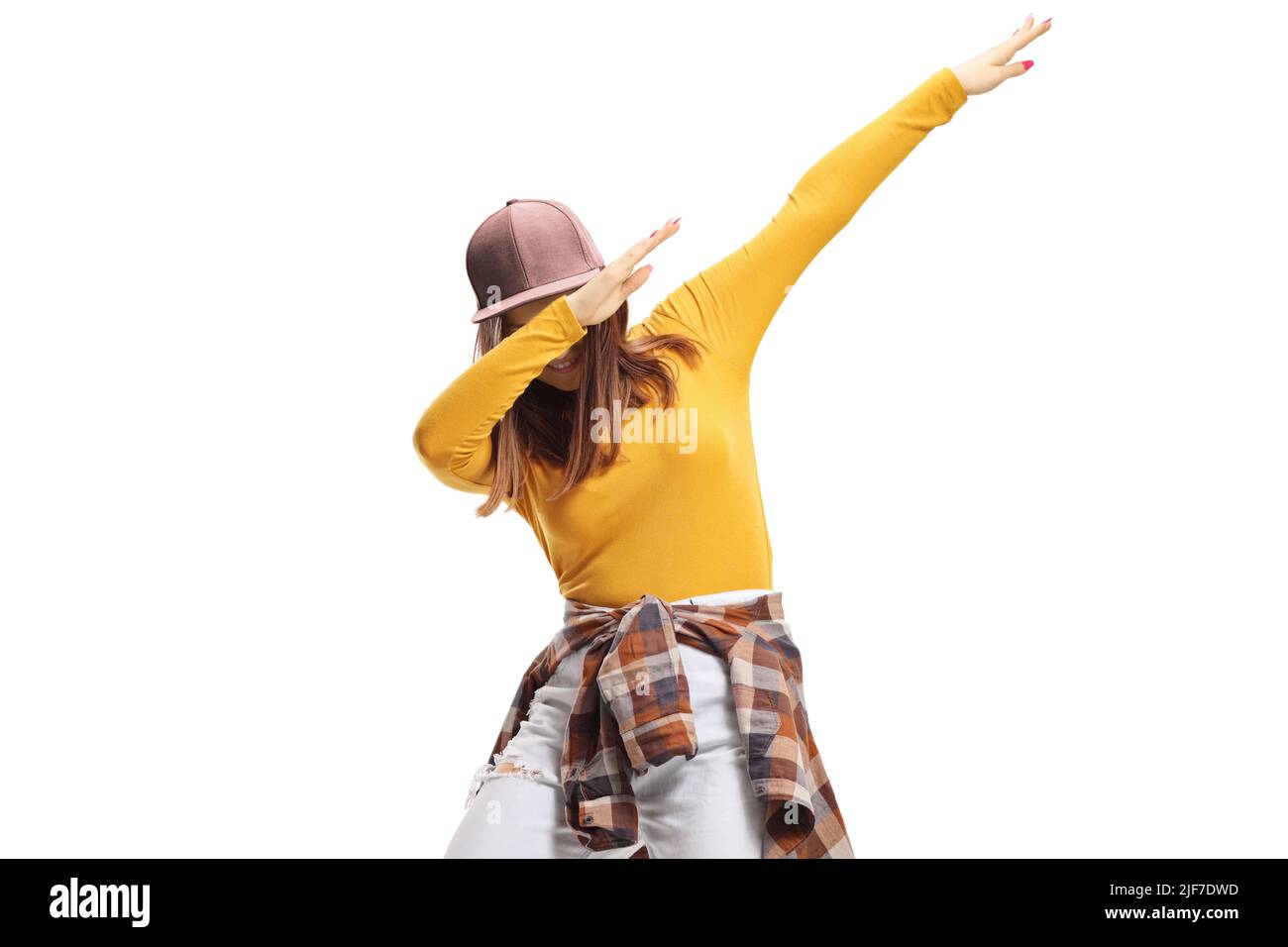 Young female dabbing isolated on white background Stock Photo