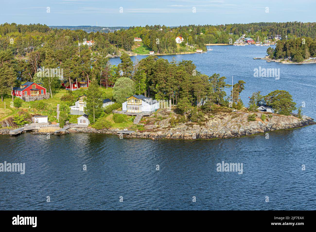 Traditional buildings on one of the many islands of the Stockholm Archipelago - this one is Skogson, Sweden Stock Photo