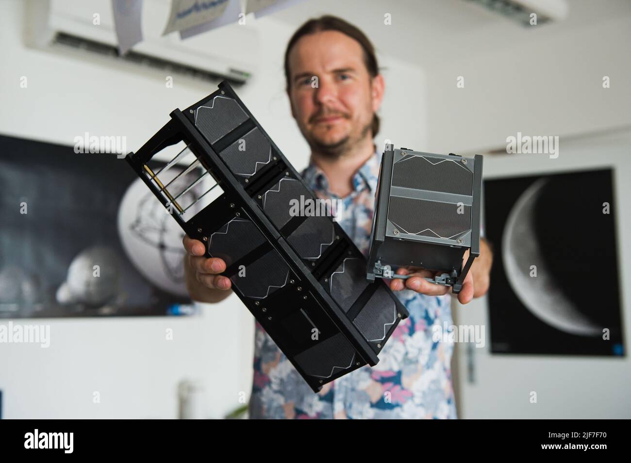 Brno, Czech Republic. 30th June, 2022. Norbert Werner of Faculty of Science at Masaryk University presented the QUVIK (Quick Ultra-VIolet Kilonova surveyor), project of the first Czech space telescope, optimized for the ultraviolet part of the light spectrum, on June 30, 2022, in Brno, Czech Republic. Credit: Patrik Uhlir/CTK Photo/Alamy Live News Stock Photo