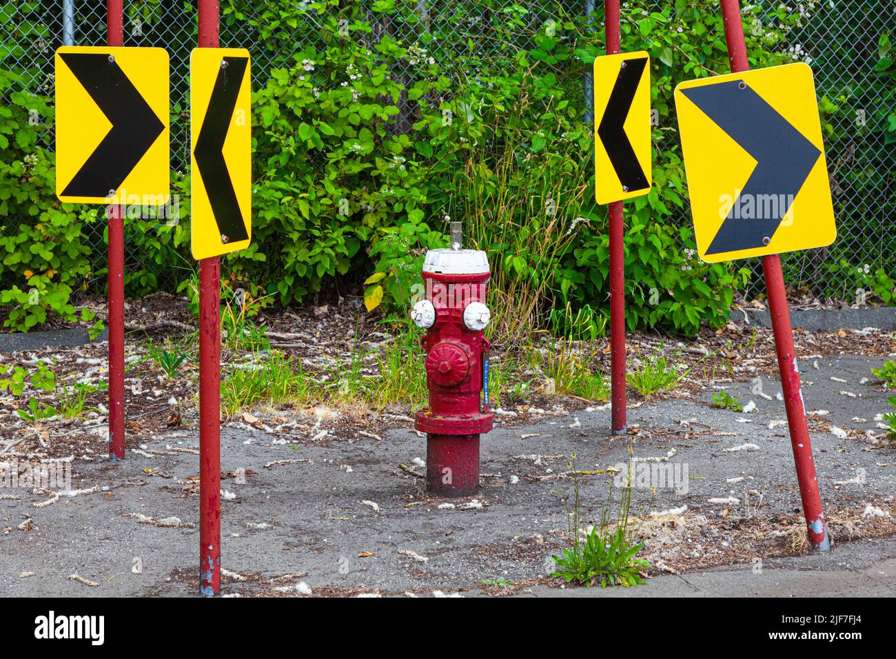 Confusing directional signs on a road in Steveston British Columbia Canada Stock Photo