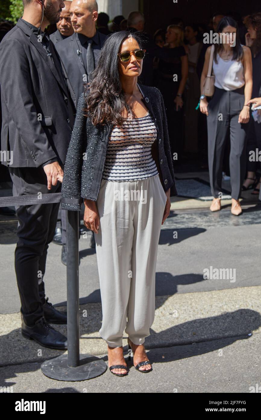 MILAN, ITALY - JUNE 20, 2022: Rula Jebreal before Giorgio Armani fashion show, Milan Fashion Week street style Stock Photo