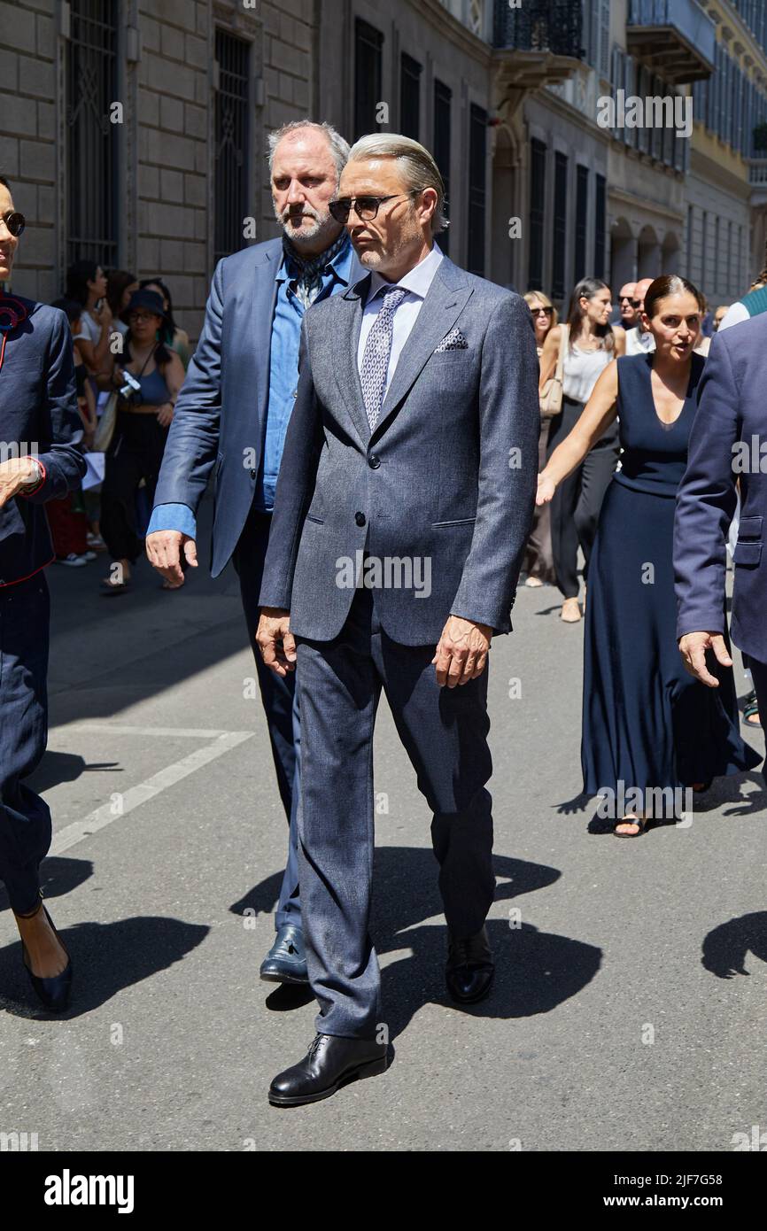 MILAN, ITALY - JUNE 20, 2022: Mads Mikkelsen before Giorgio Armani fashion show, Milan Fashion Week street style Stock Photo